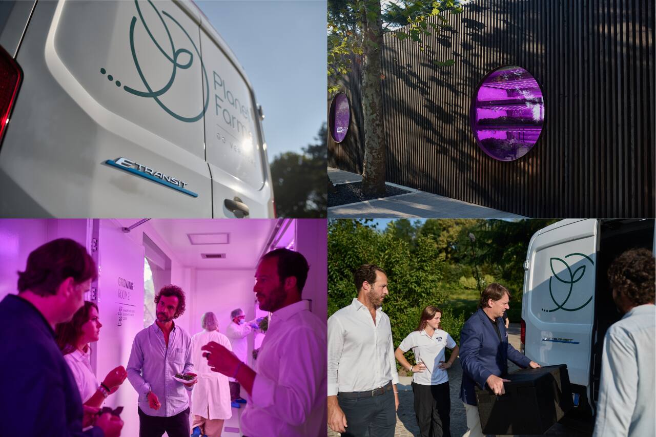 A collage of images portraying a vertical garden grown under purple lights. The produce is transported in an E-Transit.
